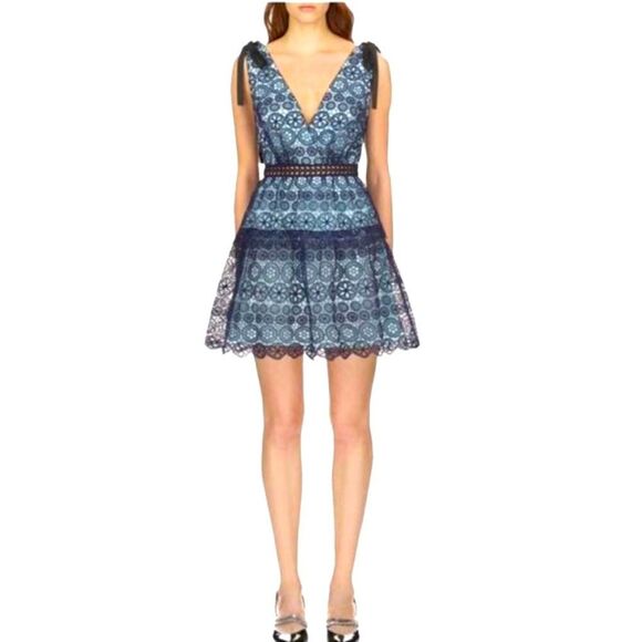 Self-Portrait Dresses & Skirts - New Authentic Tiered Navy and Light Blue Lace Dress by Self Portrait. Size 4.